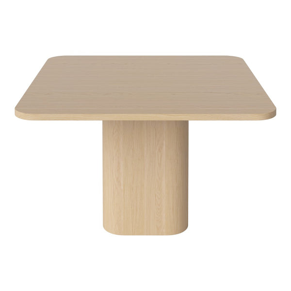 Light beige square table with a smooth, matte finish and a cylindrical pedestal base. Simple, modern design.