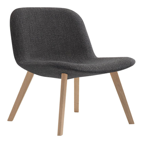 Dark gray upholstered chair with smooth texture and natural wood legs, featuring a minimalist design.