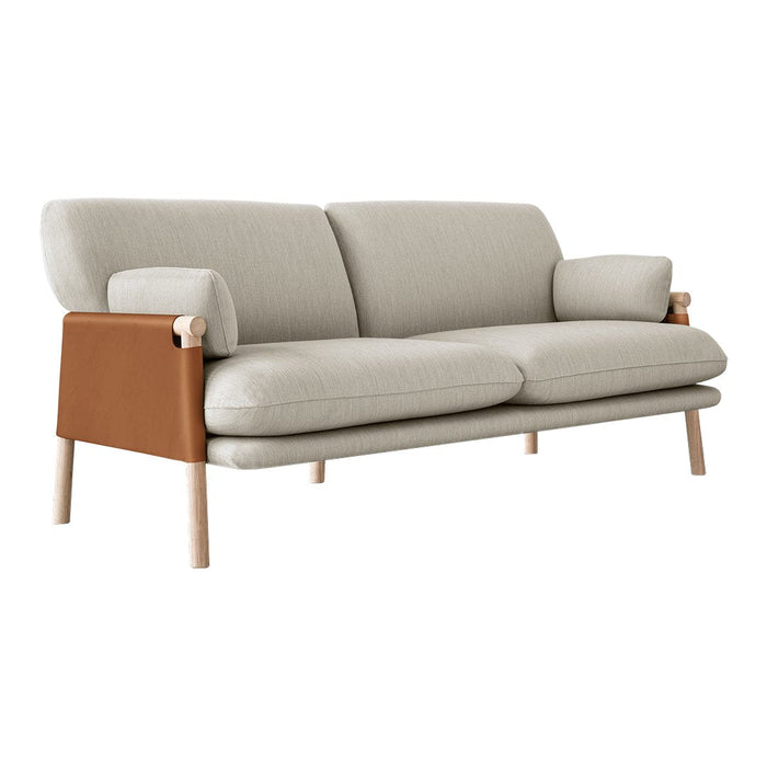 Light gray upholstery with smooth textures and brown leather accents, featuring natural wood legs. Modern and stylish design.
