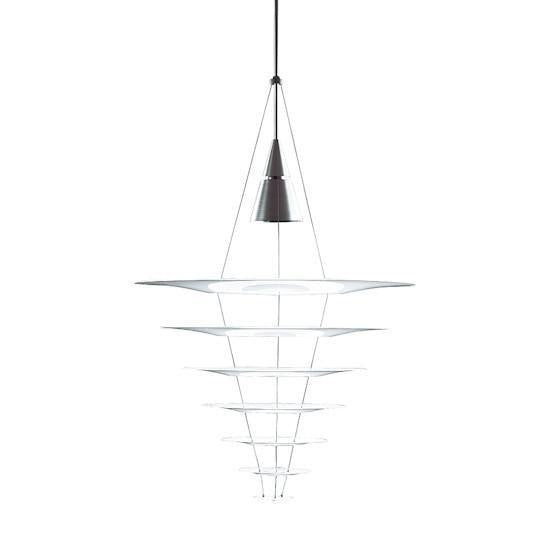 Sleek white geometric chandelier with a minimalist design, featuring a black hanging cord and circular layered pattern.