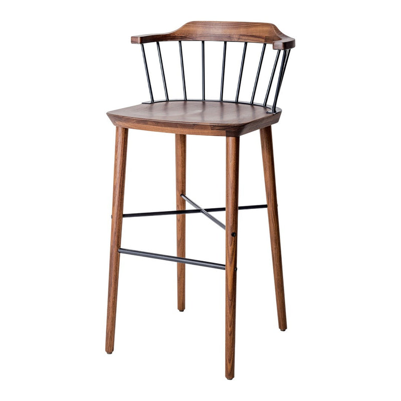Wooden bar stool with a rich brown finish and black metal accents, featuring a sleek, minimalist design.