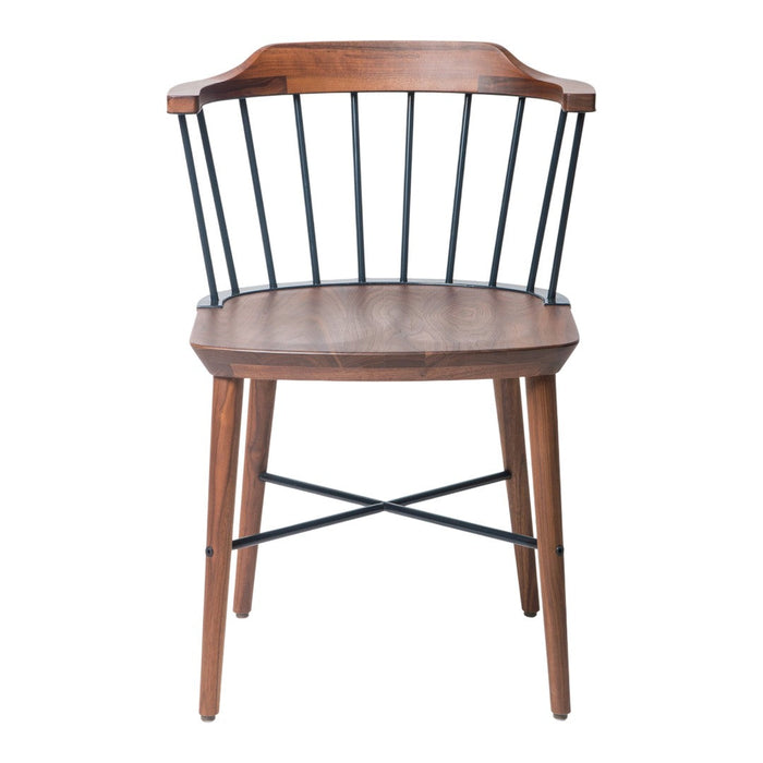 Wooden chair with a walnut finish and black metal accents. Simple, modern design with clean lines. Perfect for any space.