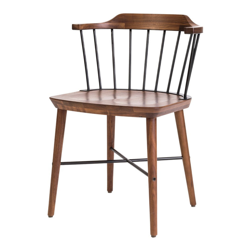 Stylish brown wooden chair with a sleek black metal frame and minimalist design, featuring a simple yet elegant pattern.