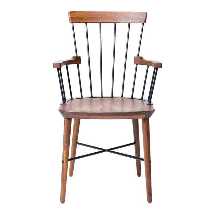 Wooden armchair with a natural wood finish and black metal accents, featuring sleek vertical slats. Ideal for modern decor.