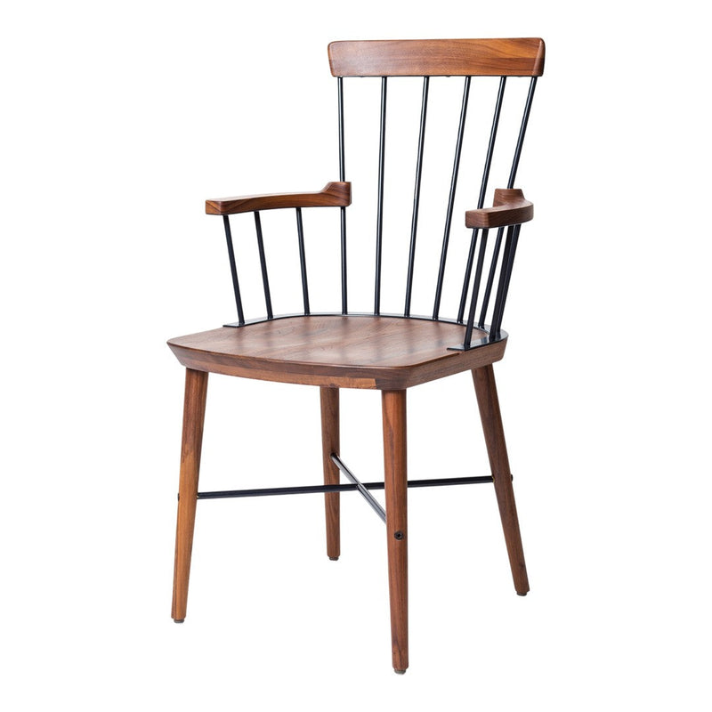 Stylish wooden chair with a warm brown seat and black metal accents, featuring a minimalist spindle back design.