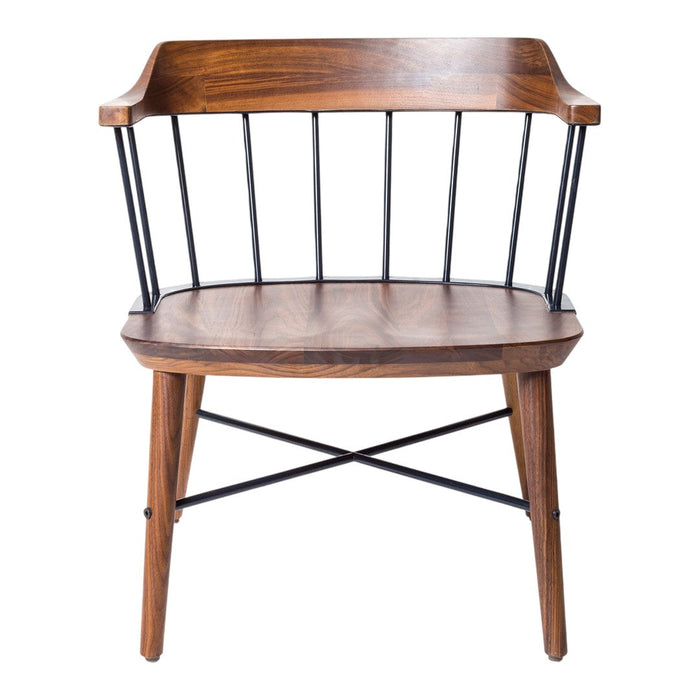 Wooden armchair with rich brown tones, sleek black metal accents, and minimalist lines for modern decor.