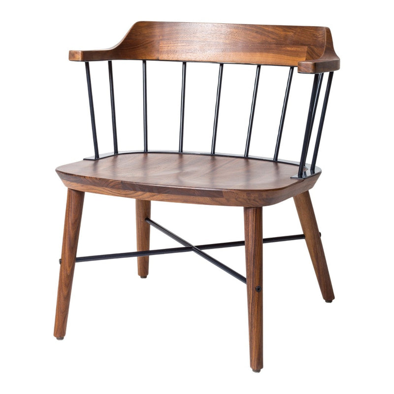 Wooden chair with a warm brown finish, featuring black metal accents and a simple, modern design.