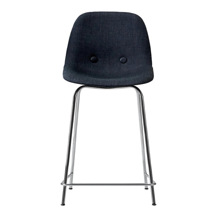 Stylish black upholstered chair with a smooth, minimalist design and subtle button accents on a sleek metal frame.