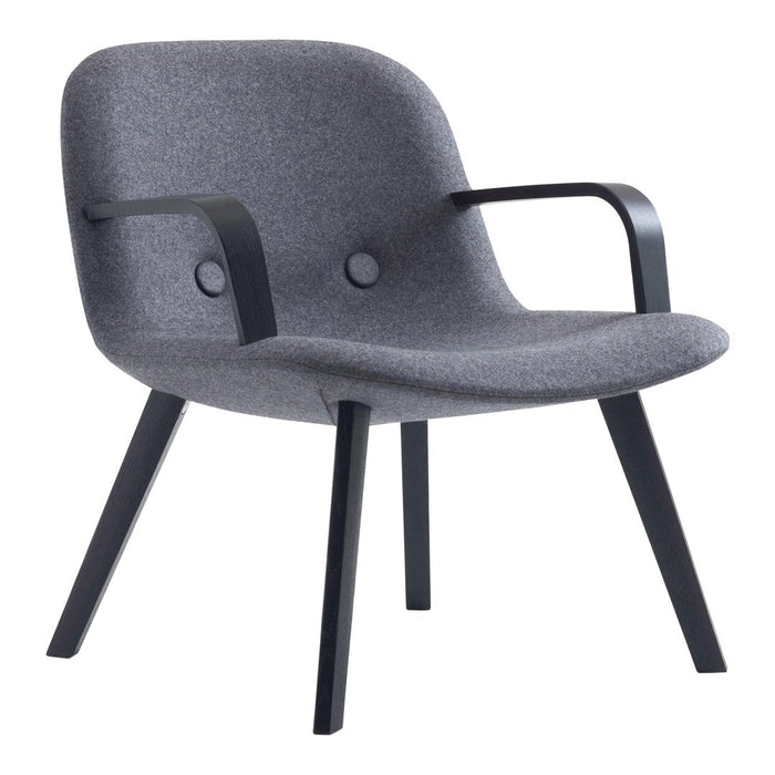 Stylish gray armchair with a smooth fabric finish and sleek black metal legs. Minimalist design for modern decor.