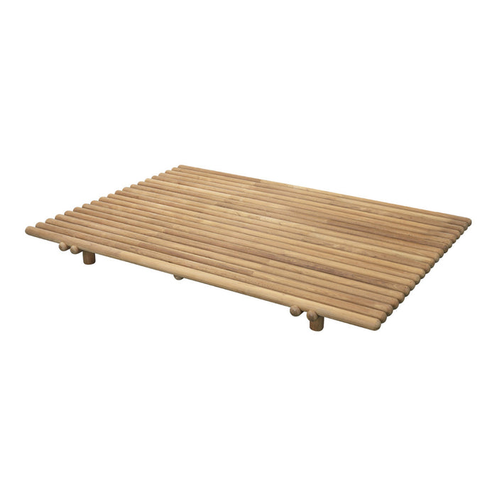 Natural bamboo bath mat with a smooth, striped pattern in warm beige tones, perfect for a spa-like decor.