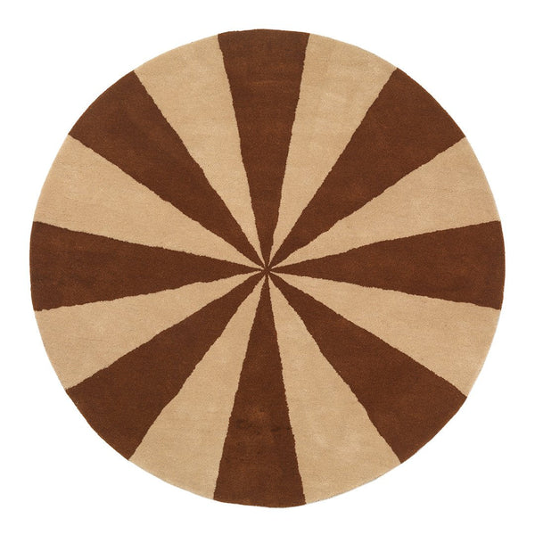 Round rug featuring alternating brown and beige striped pattern in a sunburst design. Perfect for stylish decor.