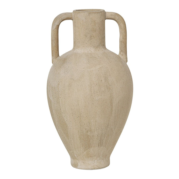 Beige ceramic vase with smooth surface and two sturdy handles, perfect for any decor style.