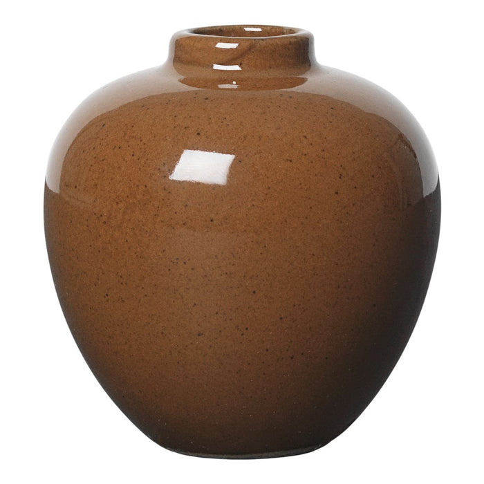 Glossy brown ceramic vase with a smooth, rounded shape and subtle speckled pattern. Perfect for modern decor.