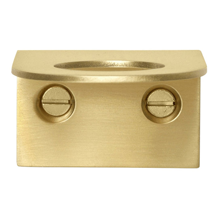 Brushed brass doorstop with sleek, modern design and subtle sheen, featuring two decorative screw holes.