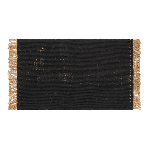 Black woven rug with beige fringes, featuring a textured pattern for a stylish, modern look.
