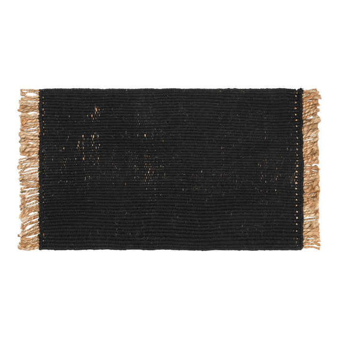 Black woven rug with beige fringes, featuring a textured pattern for a stylish, modern look.