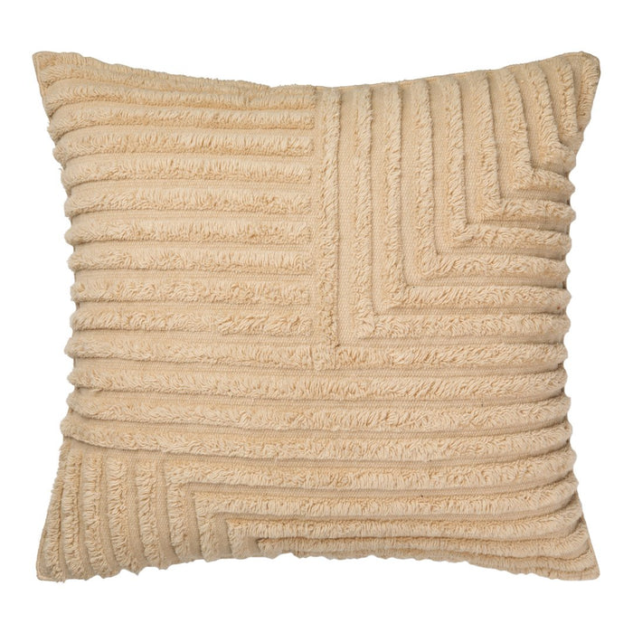 Beige textured pillow with plush, ridged pattern, featuring a modern geometric design. Perfect for cozy decor.