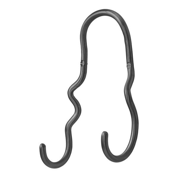 Black, wavy metal hook with a sleek design, perfect for hanging items in style.
