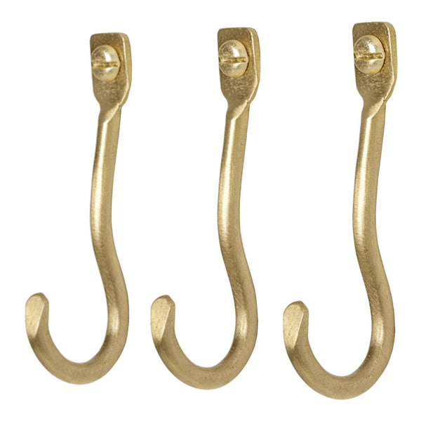"Three elegant gold wall hooks showcasing a sleek, curved design with a shiny metallic finish."
