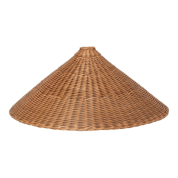 Natural woven bamboo hat in light brown color, featuring a classic conical design with intricate patterns.
