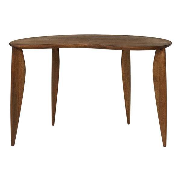 Mid-century modern table in rich walnut wood with a curved top and tapered legs. Warm brown tones enhance any decor.