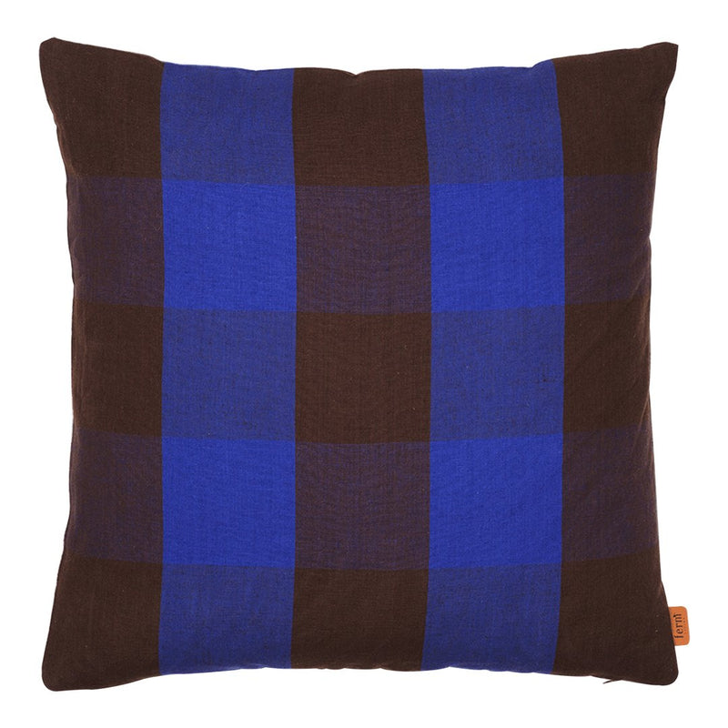 Blue and brown plaid pattern pillow, featuring a vibrant checkered design. Perfect for home decor.