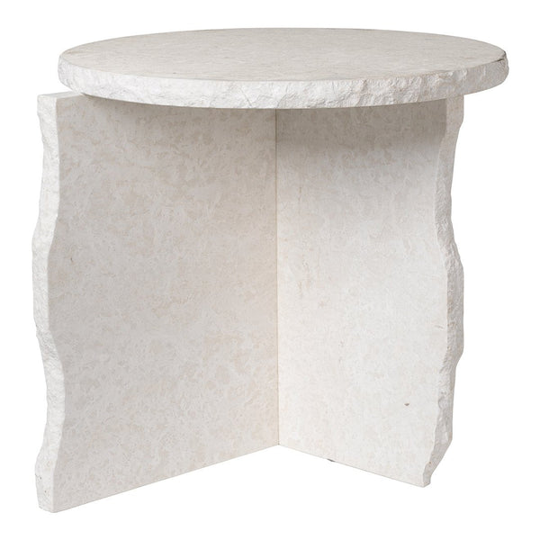 Round white side table with a textured, natural stone finish and organic, irregular edges. Ideal for modern decor.