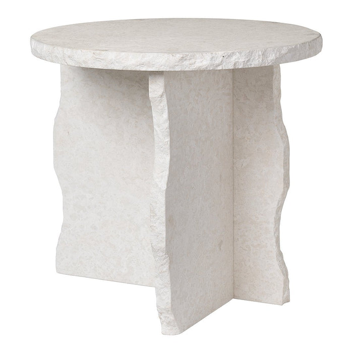 Textured white stone side table with a natural, rugged edge design and smooth round top.