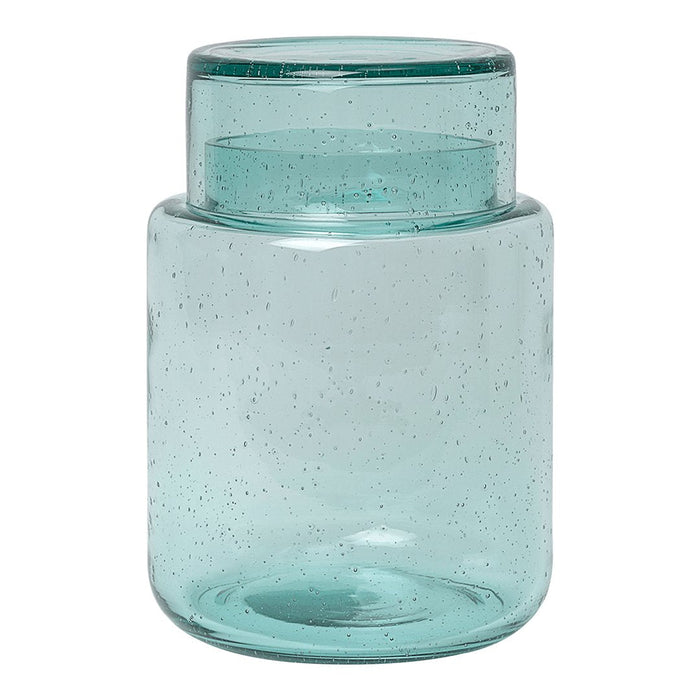 Clear glass jar in soft aqua blue with speckled texture, featuring a layered design. Ideal for home decor.