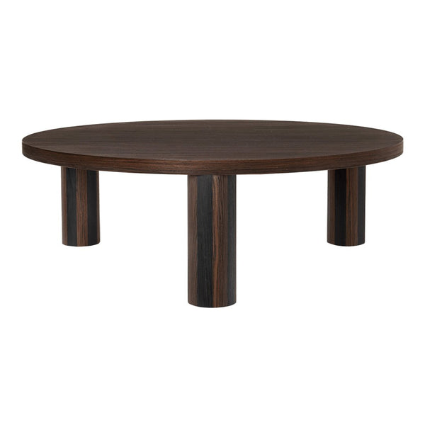 Round wooden coffee table in dark brown with a smooth finish and minimalist design, complemented by four sturdy legs.