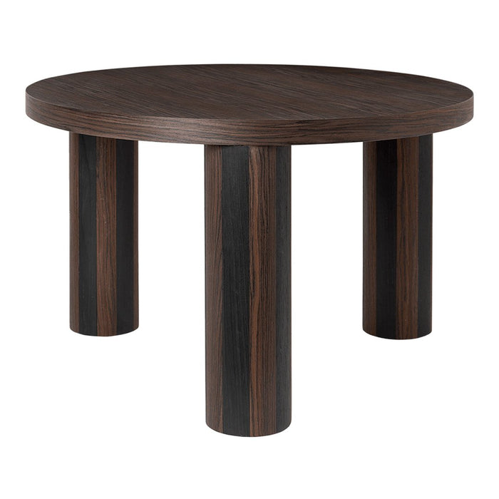 Round wooden table with a dark brown finish and sleek black accents, featuring a smooth surface and cylindrical legs.