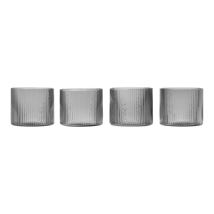 Set of four ribbed gray glass containers, featuring a sleek, modern design with a textured pattern.