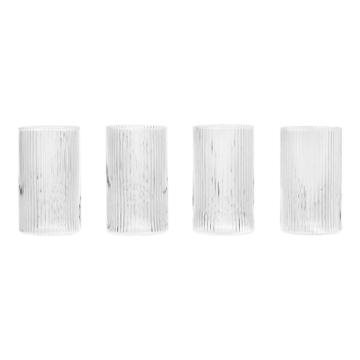Set of four clear glass tumblers with textured vertical ribbed pattern. Elegant and modern design for any table.
