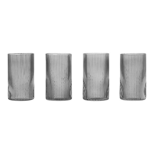 Set of four transparent glass tumblers with textured ribbed pattern, showcasing elegant gray tones.