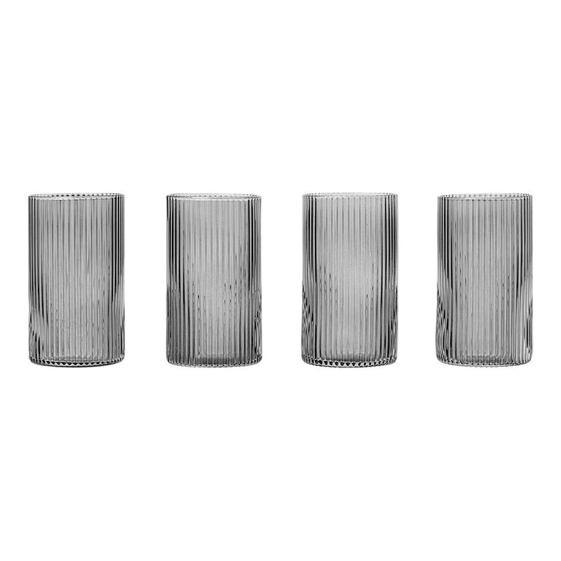 Set of four transparent glass tumblers with textured ribbed pattern, showcasing elegant gray tones.