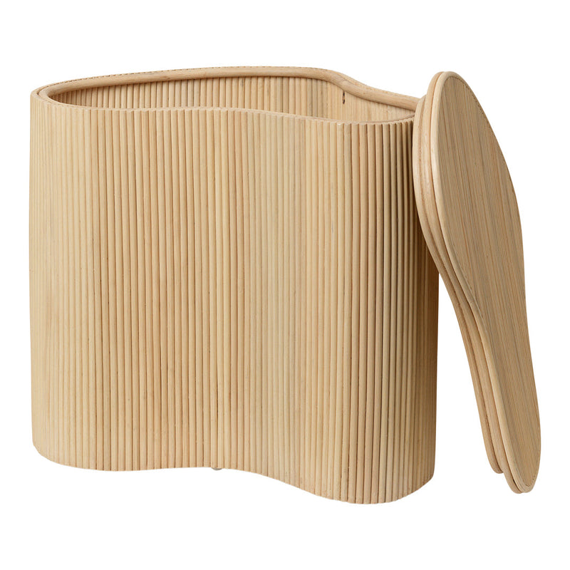 Natural bamboo storage container with vertical ribbed pattern and smooth lid, highlighting earthy tones and textures.