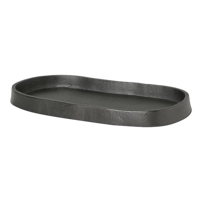 Black oval tray with a textured finish and raised edges, perfect for stylish organization and decor.