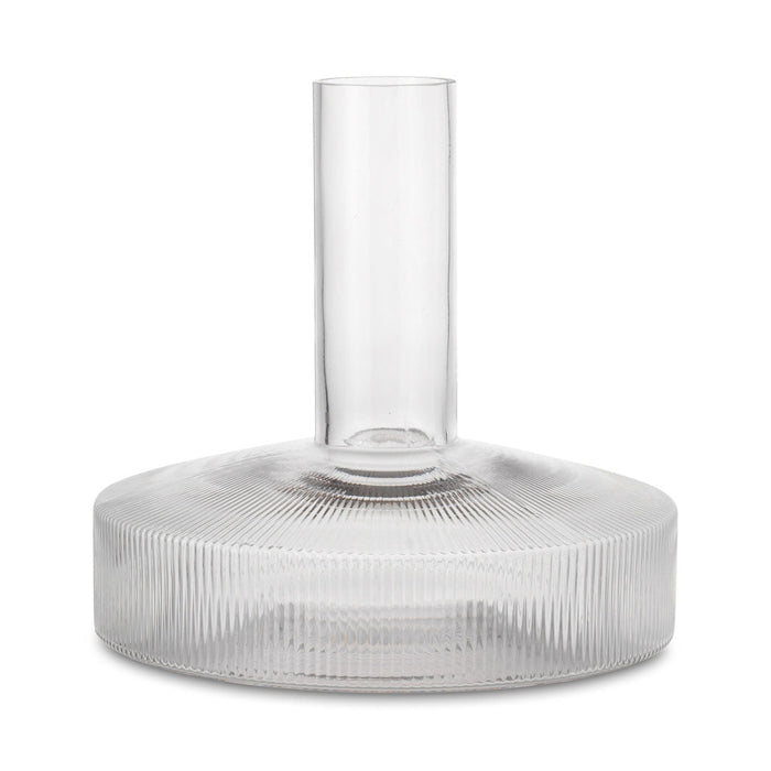 "Clear glass vase with a ribbed base and smooth top, showcasing transparent layers and elegant patterns."