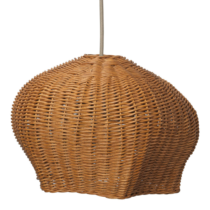 Woven rattan pendant light with a natural brown hue and organic shape, featuring intricate basket-patterned design.