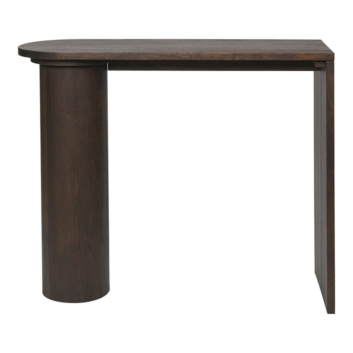 Dark wood console table with a sleek, modern design and subtle grain patterns, featuring a round column base.