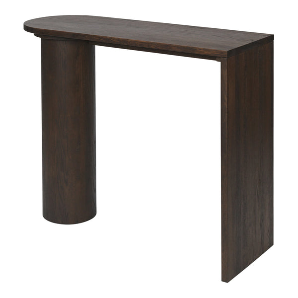 Dark walnut console table with a smooth, minimalist design, featuring a rounded top and cylindrical legs.