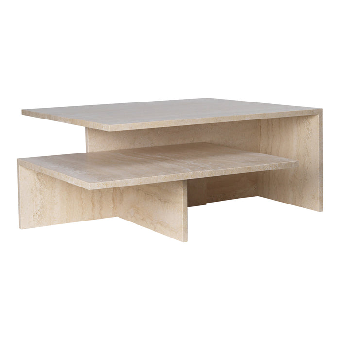 Modern two-tier coffee table in light natural wood finish with smooth surfaces and minimalist design.
