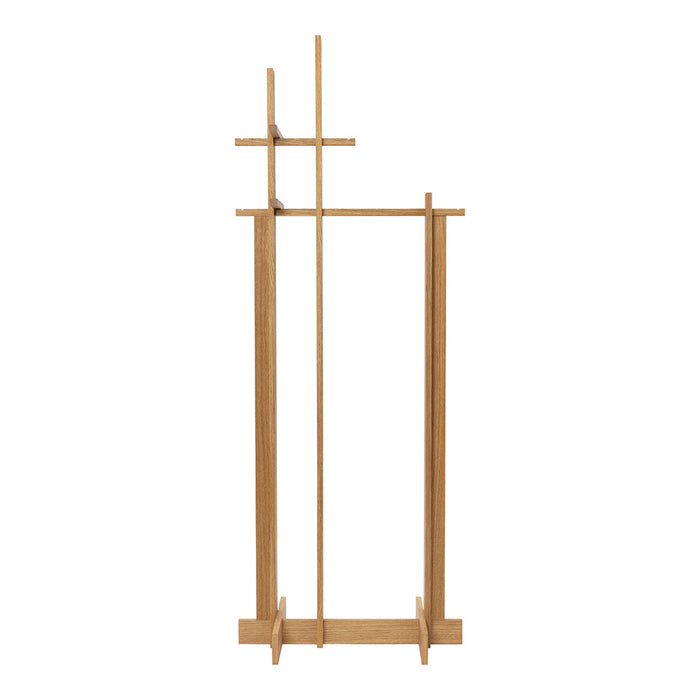 Modern wooden rack in a natural wood finish with a minimalist geometric design.