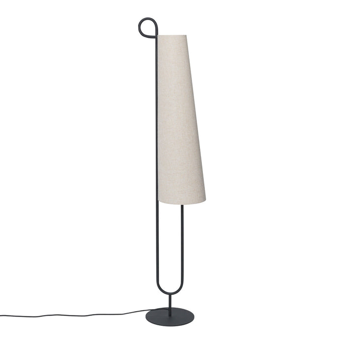 Modern black metal floor lamp with a minimalist cream fabric shade and sleek, geometric design.