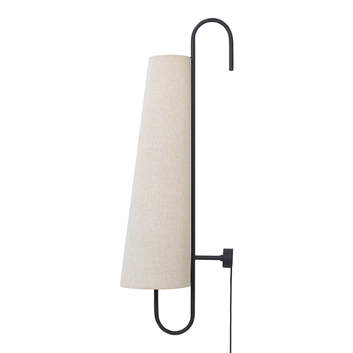 Beige cone-shaped lamp shade with sleek black metal frame and minimalist design. Perfect for modern decor.