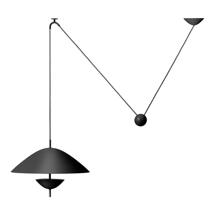 Modern black pendant lamp with sleek, minimalist design and smooth matte finish, featuring geometric patterns.