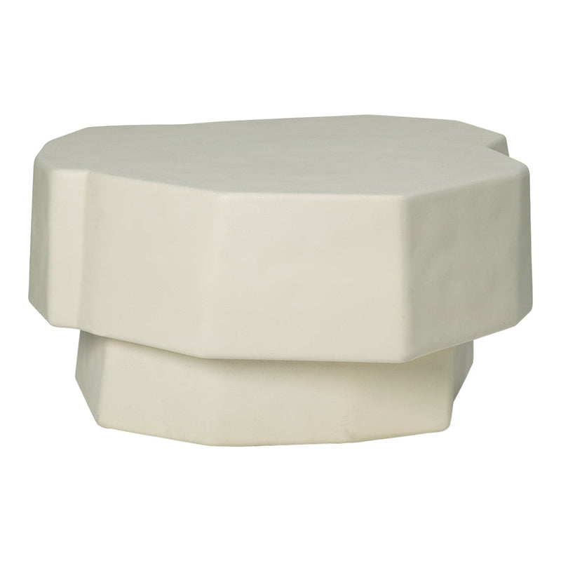 White geometric coffee table with smooth, matte finish and soft, rounded edges. Simple yet modern design.