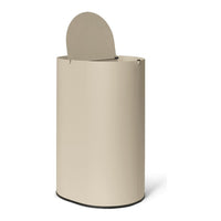 Beige cylindrical trash can with a rounded lid and a minimalist design. Smooth texture enhances modern decor.