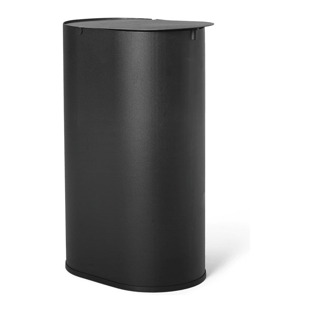 Sleek black cylindrical trash can with a matte finish and minimalist design. Perfect for modern decor.