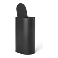 Sleek black metal trash can with a smooth matte finish and rounded edges, perfect for modern decor.